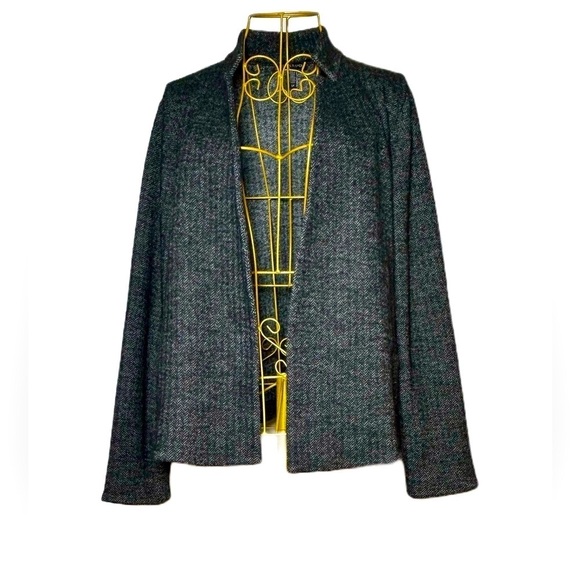 Eileen Fisher Wool Blend Gray & Black Open Tweed Blazer Stand Collar, Pockets SP - Picture 6 of 14